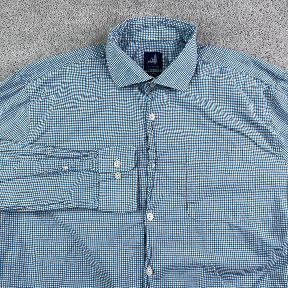 Johnnie-o‎ Shirt Mens Large Blue Grey Gingham Cotton Button Up Preppy Surfer